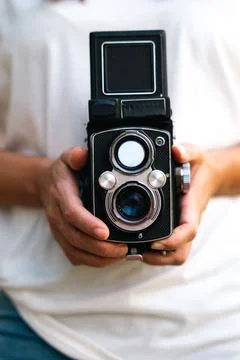 Close-up of an analog medium format camera. Foto stock