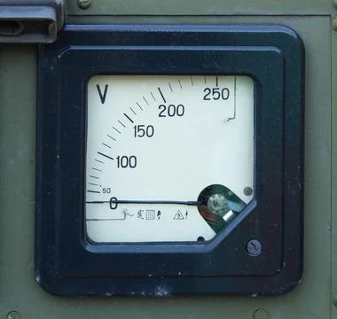 Close-up of an analog voltmeter showing voltage value Stock Photos