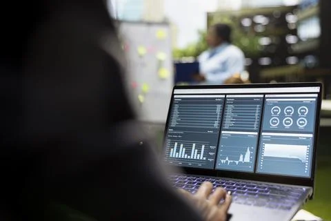 Close up of analytics dashboard shown on laptop screen outdoor Stock Photos