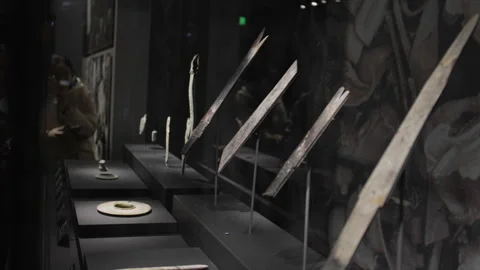 Close-up of ancient bone weapons displayed in Chengdu Museum's historical Stock Footage 299806126