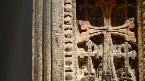 Close up of an Ancient Cross Carved into Stone Stock Footage 53202955