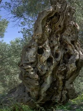 Close-up of an ancient hollowed olive tree trunk with unique gnarled wood tex Foto stock