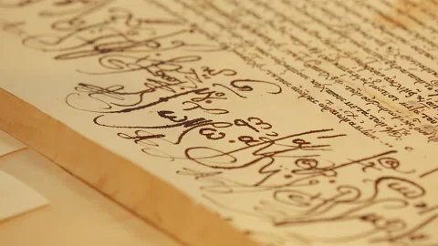 Close-up of ancient religious texts written in ancient Russian. Stock Footage 247772109