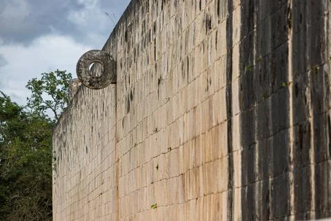 Close up of the ancient stone ring on the wall of the Great Ball Court in Chiche Stock Photos