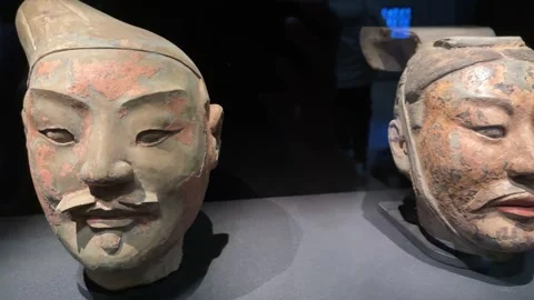 Close-up of Ancient Terracotta Warrior Heads from Emperor Qinshihuang's Maus Stock Footage 339687431
