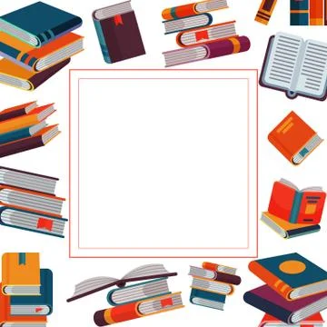Close and open books in different positions in square frame with free space for 스톡 일러스트