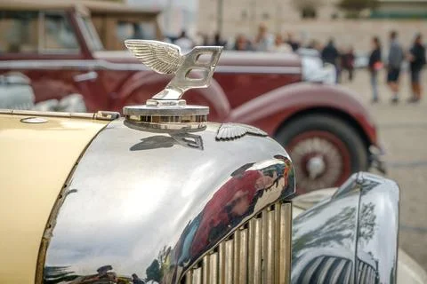 Close-up and selective focus of Bentley Wings Flying B badge of 1930s Stock Photos