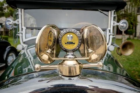 Close-up and selective focus of Boyce MotoMeter on Ford car hood Stock Photos