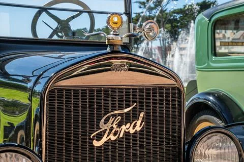 Close-up and selective focus of Boyce MotoMeter on Ford model T car hood Stock Photos