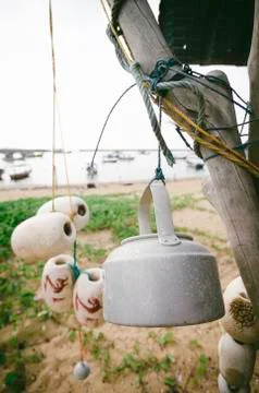 Close up and selective focus image of hanging white  fish net buoy tied toget Stock Photos