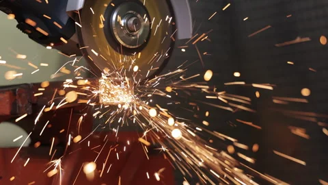 Close-Up of Angle Grinder Cutting Metal Rod With Intense Sparks, Industrial Stock Footage 312314773