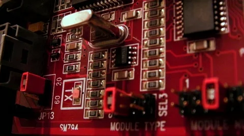 Close Up angle of Red Circuit Board / Electronics With Flashing Led Stock Footage 41969438