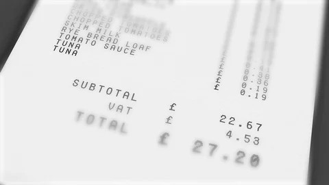 Close up animation of receipt with prices climbing. Prices in British Stock Footage 118594108