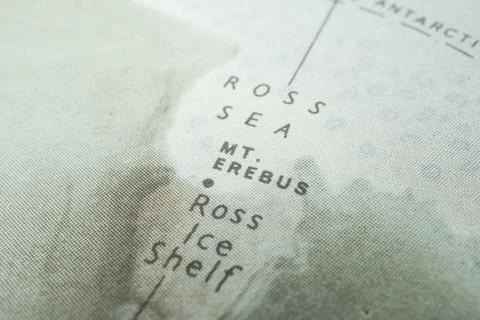 Close-up of annotated Antarctica map showing Ross Sea, Mount Erebus, Ice Sh.. Stock Photos