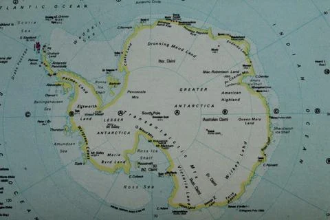 Close up of an Antarctica continent on a map Stock Photos