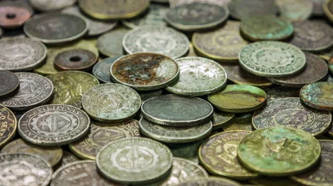 Close up of antique cash-desk, old and ancient coins covered with copper. Stock Footage 59778866