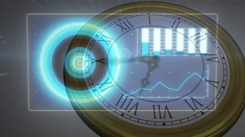 Close-up antique clock starting HUD slide-in, revealing data graphs and rings 動画素材 317206775