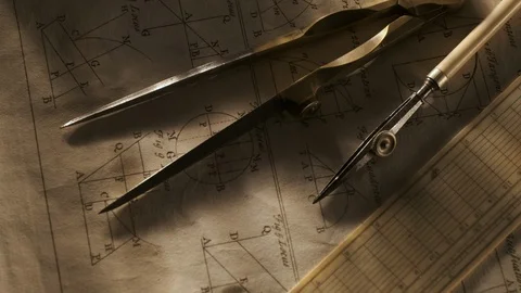 Close up of antique drafting tools Stock Footage 120134019