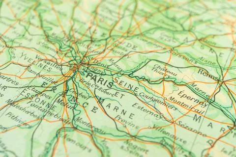 Close-up of an antique physical map centered on Paris, showing France, West.. Stock Photos