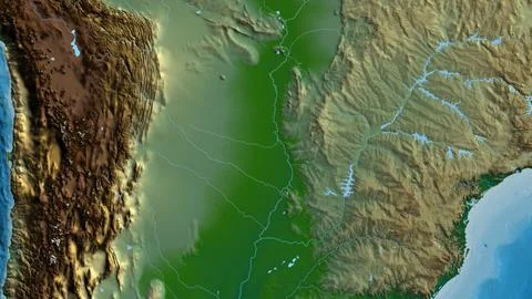 Close-up of aphysical map centered on Paraguay Ilustração Stock