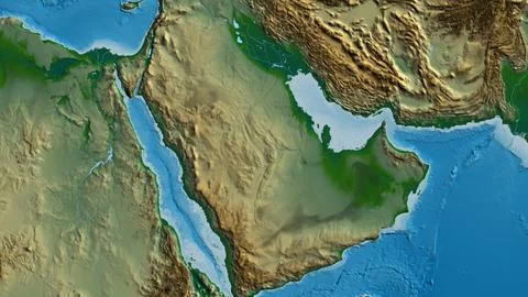 Close-up of aphysical map centered on Saudi Arabia Stock Illustration
