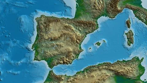 Close-up of aphysical map centered on Spain 库存插图