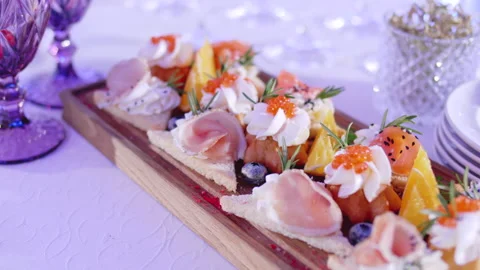 Close-up of appetizers and snacks during the reception. Food in the restaurant Stock Footage 236148951