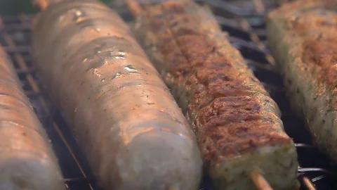Close up of appetizing juicy meat and vegetables sausages on wood skewers Vídeos de archivo 99453422
