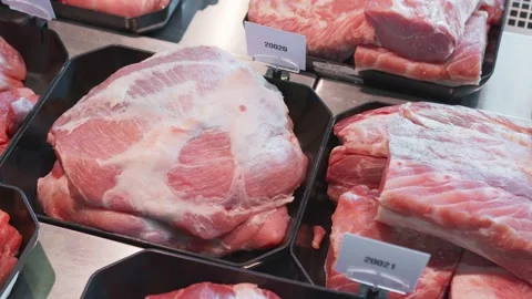 Close up Appetizing meat products are on display in special containers. Meat Stock Footage 131222646