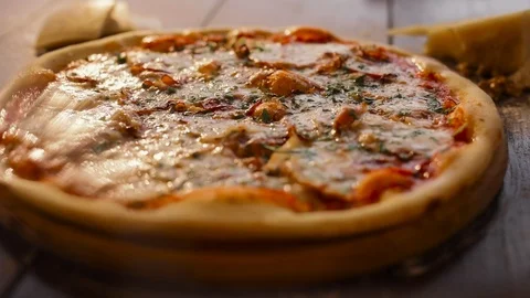 Close up of Appetizing Pizza with Spices, Herbs, Fresh Vegetables, Tomato Sauce Stock Footage 91590701