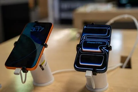 Close up of Apple iPhone 17 Pro Max and iPhone 17 Pro smartphones. Stock Photos