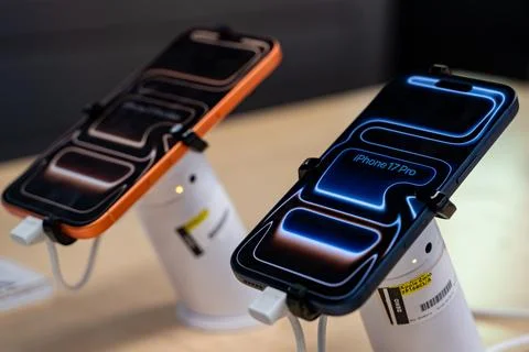 Close up of Apple iPhone 17 Pro Max and iPhone 17 Pro smartphones. Stock Photos