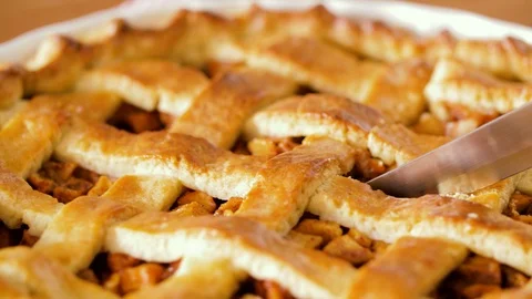 Close up of apple pie slicing by knife Stock Footage 95184809