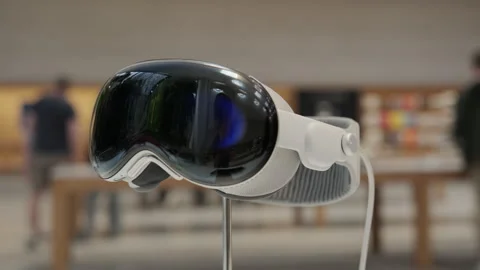 Close up of Apple Vision Pro headset on display inside an Apple Store Stock Footage 274994173