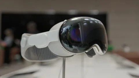 Close up of Apple Vision Pro headset on display inside an Apple Store Stock Footage 274995385