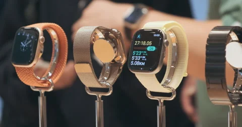 Close up, Apple Watch lineup on display at Apple Store. Premium smartwatches Stock Footage 322051406