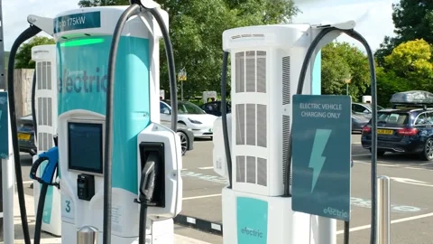 Close up of Applegreen electric car charging parking spaces at Abington ser.. Stock Footage 250442233