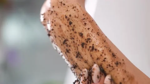 Close up application of scrub on hand, massage movements, cleansing, skin care Stock Footage 163197552