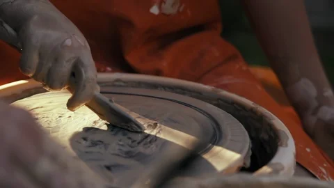 Close-up, Apprentice Cleans Pottery Circle From Clay After Lesson Stock Footage 123073683