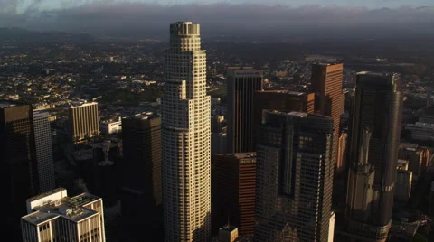 Close approach and orbit of US Bank Building, Los Angeles. Shot in October 2010. Stock Footage 59526041