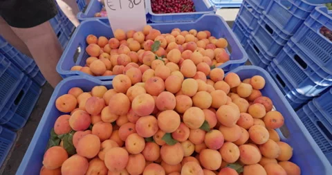A close-up of apricots lying in a box on a market display. 库存影片 245362123