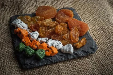 Close up of Arabic dried fruit and candy Stock Photos