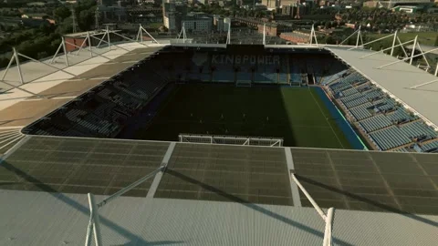 Close-Up Arc View of King Power Stadium with Training Session Stock Footage 243318823
