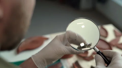 Close-up of an archaeologist working in an office examining an ancient artifact Stock Footage 255274005
