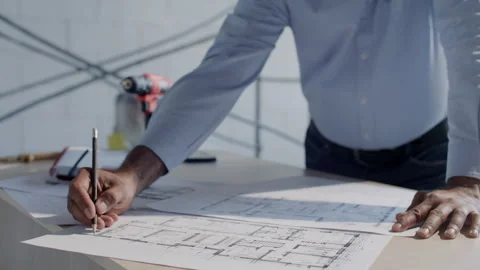 Close Up of Architect Drafting Building Layout on Paper at Construction Site Stock Footage 332249659
