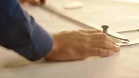Close-up of an architect drawing and measuring construction plan in the office. Видео 336568436