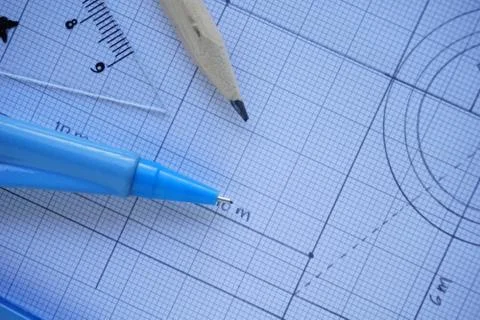 Close-up of Architect engineer drawing plan on blueprint with architect equip Stock Photos