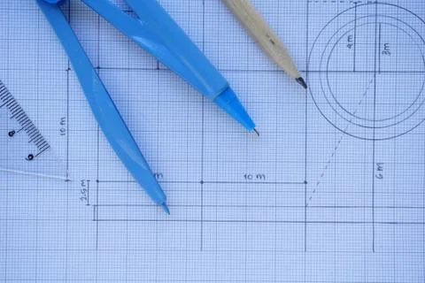Close-up of Architect engineer drawing plan on blueprint with architect equip Stock Photos