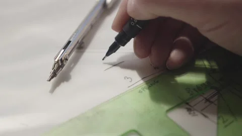 Close Up of Architect Writing Calculated Measurements on Technical Blueprint Stock Footage 341926594