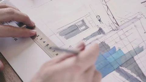 Close-up: the architect's hands on the table. Tools for drawing Stock-Footage 73668722